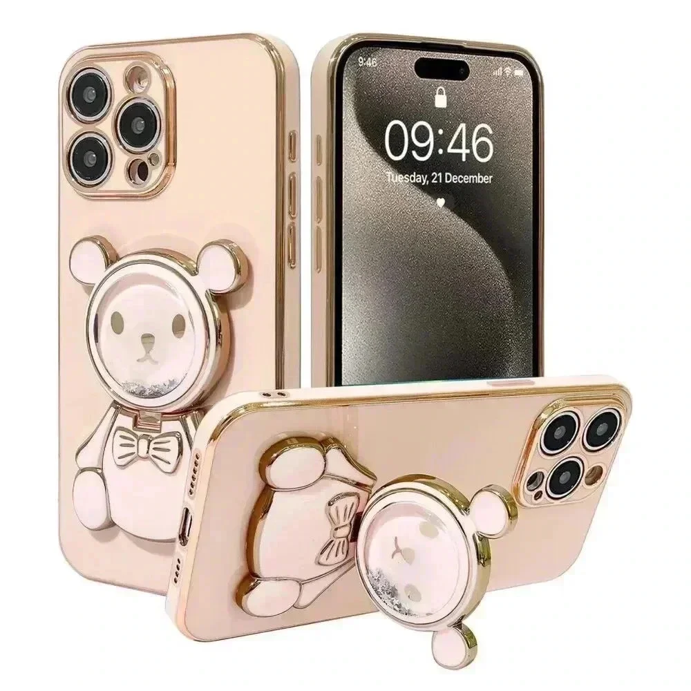 Glitter Bear Kickstand‎ W/Mirror Case For iPhone 15 Pro 6.1” Pink Gold Trim